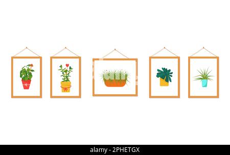 Collezione di pittura con fiori. Piante della casa. Interni dal design scandinavo. Elemento di progettazione. Illustrazione vettoriale Illustrazione Vettoriale