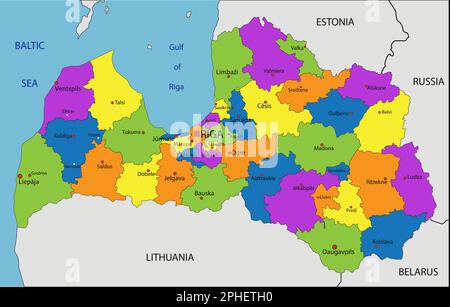 Mappa politica della Lettonia colorata con strati separati e chiaramente etichettati. Illustrazione vettoriale. Illustrazione Vettoriale