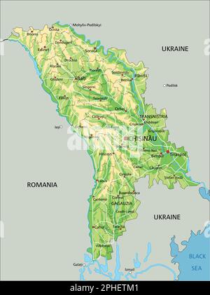 Mappa fisica della Moldova estremamente dettagliata con etichettatura. Illustrazione Vettoriale