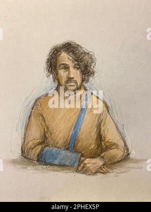 Disegno dell'artista di corte di Elizabeth Cook di Louis De Zoysa che appariva per un'udienza di appello all'Old Bailey, Londra, accusato dell'assassinio di Matt Ratana. Il 24-year-old è accusato di sparare il sergente di polizia metropolitana ad una stazione di polizia a Croydon nelle prime ore del 25 settembre 2020. Data immagine: Martedì 28 marzo 2023. Foto Stock