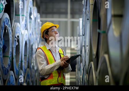 Una nuova generazione di ingegneri in una fabbrica di lamiere. Studiare metodi di lavoro da supervisori o colleghi e studiare da soli essere insegnato prof Foto Stock
