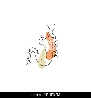 Simbolo cinese dello zodiaco illustrazione del drago nello stile della linea d'arte con colore boho isolato su bianco Illustrazione Vettoriale
