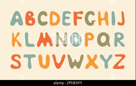 Carattere groovy retro. Vettore Hipster 70s lettere decorative alfabeto. Carattere vintage Illustrazione Vettoriale