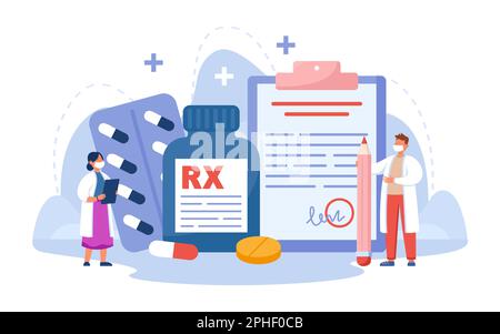 Piccoli farmacisti con farmaci da prescrizione per i pazienti Illustrazione Vettoriale