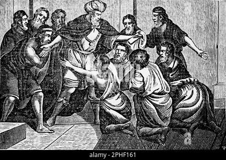 Giuseppe si rivela ai suoi fratelli, Genesi, capitolo 37: Versetti 1–11, Bibbia storica 1831, illustrazione Foto Stock