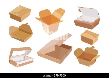 Scatole di cartone per set di illustrazioni vettoriali per fast food Illustrazione Vettoriale