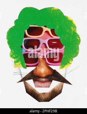 Pun aspetto umano faccia fatta di persone diverse parti faccia mescolato in modo divertente. sembra un meme. Collage d'arte contemporanea. Progettazione concettuale astratta Foto Stock