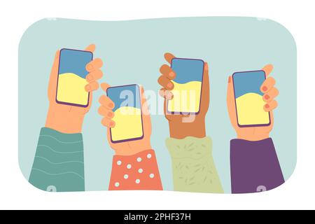 Mani umane che tengono i telefoni cellulari con la bandiera Ucraina sullo schermo Illustrazione Vettoriale