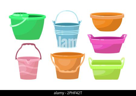 Diverse vasche in plastica per set di illustrazioni vettoriali piatte ad acqua Illustrazione Vettoriale