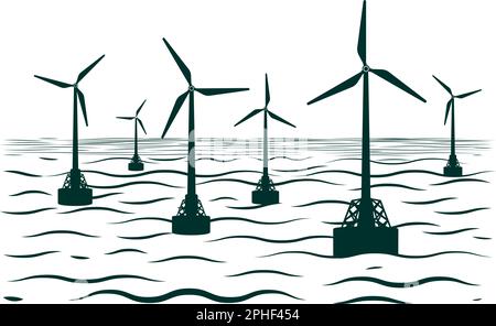 Energia generatore turbine eoliche marine. Illustrazione del vettore piatto Illustrazione Vettoriale