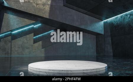 Podio grigio astratto per il posizionamento dei prodotti con sfondo fantasy. Piattaforma in marmo per il posizionamento dei prodotti. Concetto di presentazione. Rendering 3D Foto Stock