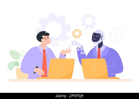 Persona in ufficio sorridente al personaggio del robot sul posto di lavoro Illustrazione Vettoriale