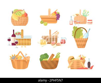 Cestini in vimini con set di illustrazioni cartoni animati per alimenti Illustrazione Vettoriale