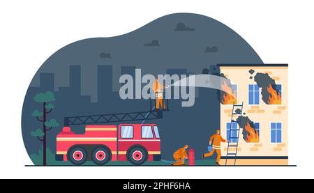 Vigili del fuoco estinguenti casa fuoco piano figura vettore Illustrazione Vettoriale