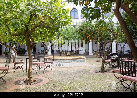 Parador Hotel patio con alberi, Guadalupe, Spagna Foto Stock