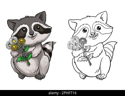 Carino racoon con fiori da colorare. Modello per un libro da colorare con animali divertenti. Pagina colore per bambini. Foto Stock