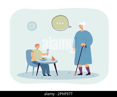 Ragazzo triste mangiare porridge preparato da nonna Illustrazione Vettoriale