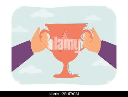 Le mani che tengono la tazza dorata premiano l'illustrazione piatta del vettore Illustrazione Vettoriale