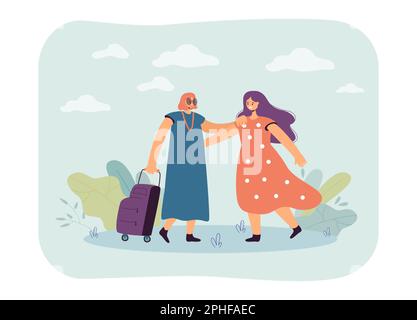 Donna con valigia visita amico piatto vettore illustrazione Illustrazione Vettoriale