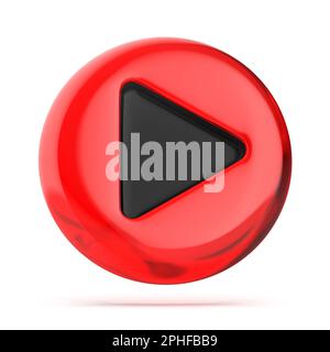 Pulsante di riproduzione in vetro rosso su sfondo bianco Foto Stock