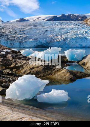 Ghiacciaio di Hahn. Paesaggio nel fiordo Johan Petersen, un ramo del fiordo di Sermilik (Sermiligaaaq) nella regione Ammassalik della Groenlandia orientale. Polare Foto Stock