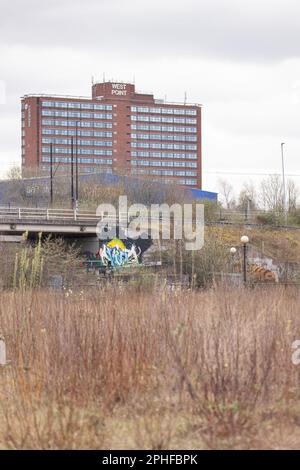 Manchester, Regno Unito. 26th Mar, 2023. Vista dell'edificio di Trafford, appartamenti West Point da Pomona Island, Trafford, Greater Manchester. Un tempo un vivace porto e ora un tranquillo parco urbano desolato. È sede di vari uccelli, tra cui Kestrels e uccelli acquatici, e varie piantagioni. Pomona è a cavallo di Salford, Old Trafford e Manchester centro città. Una campagna alternativa ed ex sito dei giardini di Pomona il sito è stato sviluppato dalla società Peel Group Peel L&P. Foto: Garyroberts/worldwiddefeatures. Credit: GaryRobertsphotography/Alamy Live News Foto Stock