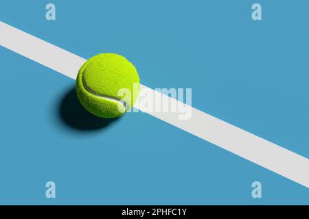 Palla da tennis sul campo con sfondo blu. Rendering 3D astratto. Foto Stock