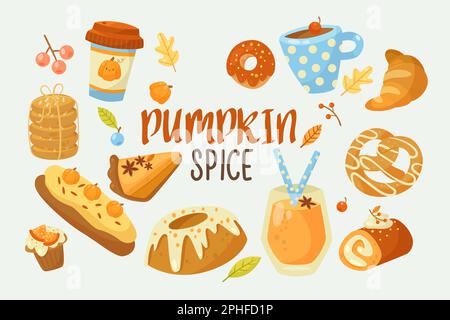 Dessert di spezie di zucca e bevande set di illustrazioni cartoni animati Illustrazione Vettoriale