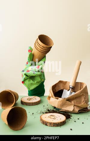 Piantare semi di pomodoro per piantine, mettere in un guanto con pentole, pentole e semi ecocompatibili, attrezzi per il giardinaggio e il terreno su sfondo verde Foto Stock
