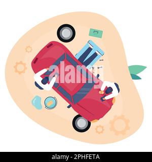 Vista dall'alto del team di manutenzione che ripara l'automobile Illustrazione Vettoriale