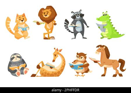 Carino animal cartoon personaggi lettura vettore illustrazioni set Illustrazione Vettoriale