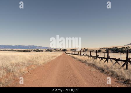 Una strada solitaria sterrata attraverso le praterie lungo il confine tra gli Stati Uniti e il Messico in Arizona. Foto Stock