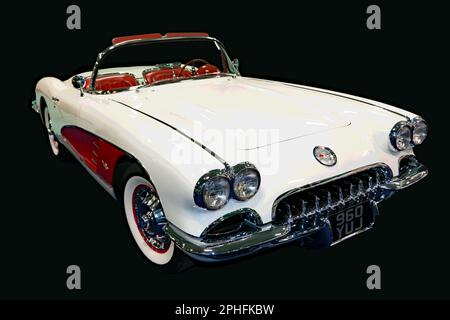 Cut-out of a White,1960, Chevrolet Corvette C1, in mostra al London Classic Car Show 2023 Foto Stock