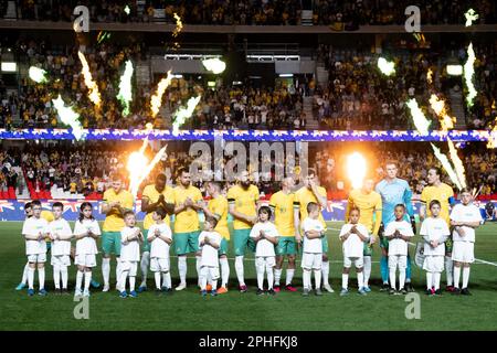 Melbourne, Victoria, Australia. 28th Mar, 2023. MELBOURNE, AUSTRALIA - Marzo 28: La squadra Socceroos prima di una partita internazionale amichevole tra Australia ed Ecuador al Marvel Stadium il 28 Marzo 2023 a Melbourne, Australia. (Credit Image: © Chris Putnam/ZUMA Press Wire) SOLO PER USO EDITORIALE! Non per USO commerciale! Foto Stock