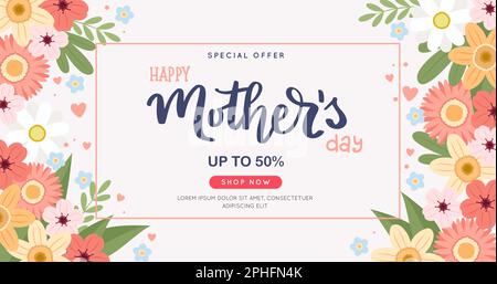 Banner vendita giorno della mamma con fiori e scritte disegnate a mano, illustrazione vettoriale in stile piatto Illustrazione Vettoriale