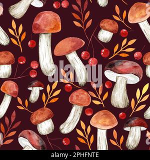 Acquerello modello autunnale con funghi e foglie Foto Stock