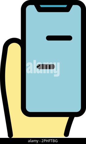 Utilizzo del vettore di contorno delle icone del telefono android. Mobile a mano. Mantenendo lo smartphone in piano Illustrazione Vettoriale