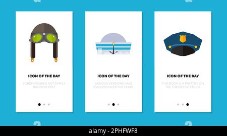 Pilota, marinaio, poliziotto cappellino piatto icona set Illustrazione Vettoriale