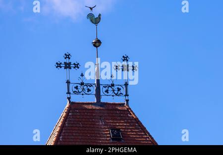 Plau am See, Germania. 28th Mar, 2023. Un uccello atterra sul gallo di tempo sulla guglia di San Chiesa parrocchiale di Maria. Le città e i villaggi del distretto dei laghi del Meclemburgo si stanno preparando per l'inizio della stagione delle vacanze a Pasqua. Il numero di ospiti che arrivano e pernottano nel Distretto dei Laghi di Meclemburgo è aumentato di nuovo nel 2022, ma non è ancora tornato ai livelli pre-Corona. Credit: Jens Büttner/dpa/ZB/dpa/Alamy Live News Foto Stock