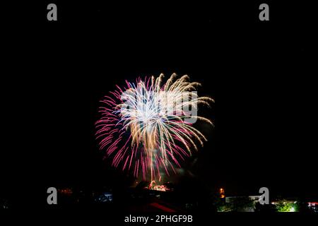 Un vivace spettacolo di fuochi d'artificio che illuminano il cielo notturno Foto Stock