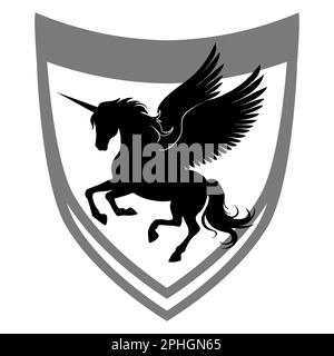 Unicorno con le ali su uno scudo. Pegasus silhouette vettoriale. Immagine in bianco e nero separata dallo sfondo. Illustrazione Vettoriale
