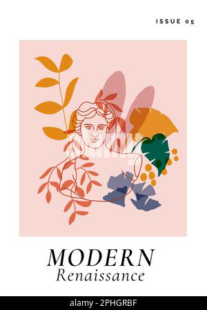 Venus tropicale testa di marmo foglie di palma floreali, stampa floreale. Illustrazione vettoriale della scultura della dea. Illustrazione vettoriale Illustrazione Vettoriale