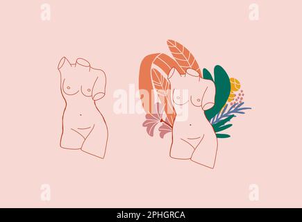 Venus tropicale testa di marmo foglie di palma floreali, stampa floreale. Illustrazione vettoriale della scultura della dea. Illustrazione vettoriale Illustrazione Vettoriale