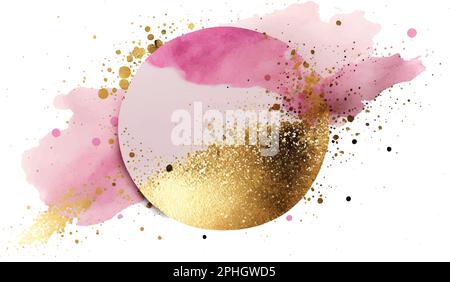 spruzzi dipinti a mano bagnata rosa acquerello spruzzi d'oro glitter Illustrazione Vettoriale