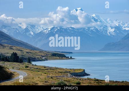 Lago Pukaki e Aoraki/Mt Cook, South Island, Nuova Zelanda Foto Stock