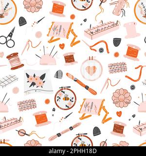 Modello senza cuciture con utensili ad ago come forbici, aghi, fili, cerchi, filo interdentale, organizzatori, bobine. Concetto di cucito, ricamo, artigianato Illustrazione Vettoriale