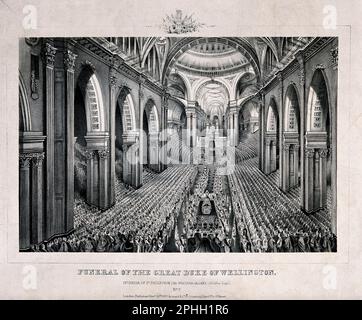 Cerimonia funeraria per il Duca di Wellington all'interno di St Pauls Cathedral London, litografia d'epoca del 1852 Foto Stock