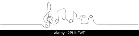 Note musicali disegno continuo di una linea. Vettore isolato su bianco. Illustrazione Vettoriale