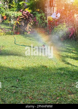 Spruzzare l'acqua sul prato della casa con l'arcobaleno al sole Foto Stock