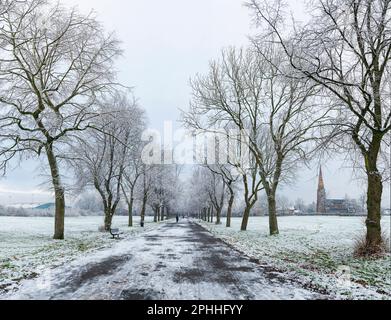 Avenue of Trees in Platt Fields Park nel sud di Manchester su un inverno innevato e gelido mattina, con la chiesa di Holy Trinity Platt in lontananza. Foto Stock